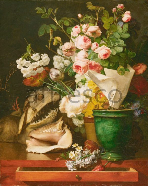 Картина: Antoine Berjon, Still Life with Flowers Shells a Sharks Head