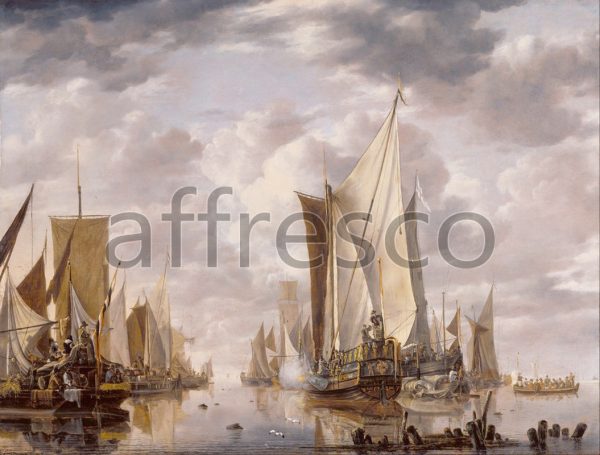 Картина: Jan van de Cappelle, Shipping in a Calm at Flushing with a States General Yacht Firing a Salute