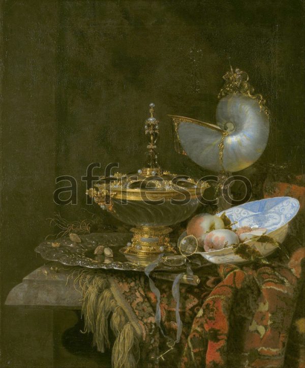 Картина: Willem Kalf Pronk, Still Life with Holbein Bowl Nautilus Cup Glass Goblet and Fruit Dish