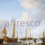 Картина: Willem van de Velde the Younger, Calm A States Yacht under Sail close to the Shore with many other Vessels