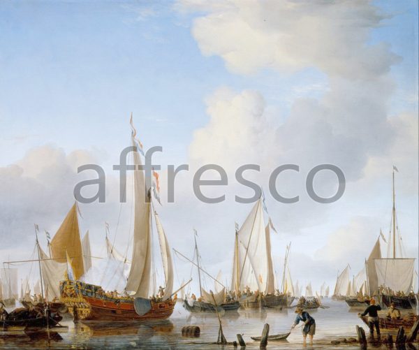 Картина: Willem van de Velde the Younger, Calm A States Yacht under Sail close to the Shore with many other Vessels